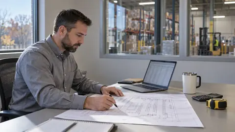 An operations manager reviewing a capital equipment budget spreadsheet and a printed warehouse layout drawing spread across a conference table