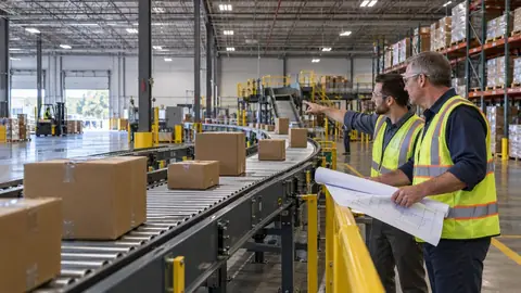 Operations manager and warehouse planner reviewing a conveyor system selection layout beside a powered roller line carrying cartons