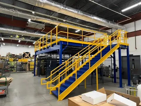 Industrial mezzanine with yellow stairs and handrail