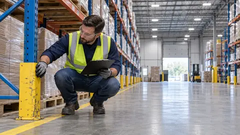 A safety coordinator carrying out a pallet rack safety inspection, crouched beside a rack upright and column protector in a warehouse aisle
