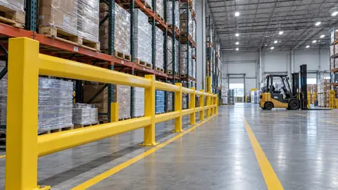 Warehouse handrail guarding running along a marked pedestrian walkway beside a forklift aisle in a distribution warehouse